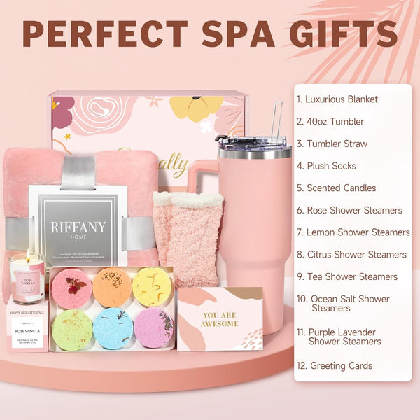 Self Care Gifts for Women, Unique Birthday Gifts for Women, Relaxing Spa Set Get Well Soon Basket Care Package with 300GSM Blanket 40Oz Tumbler