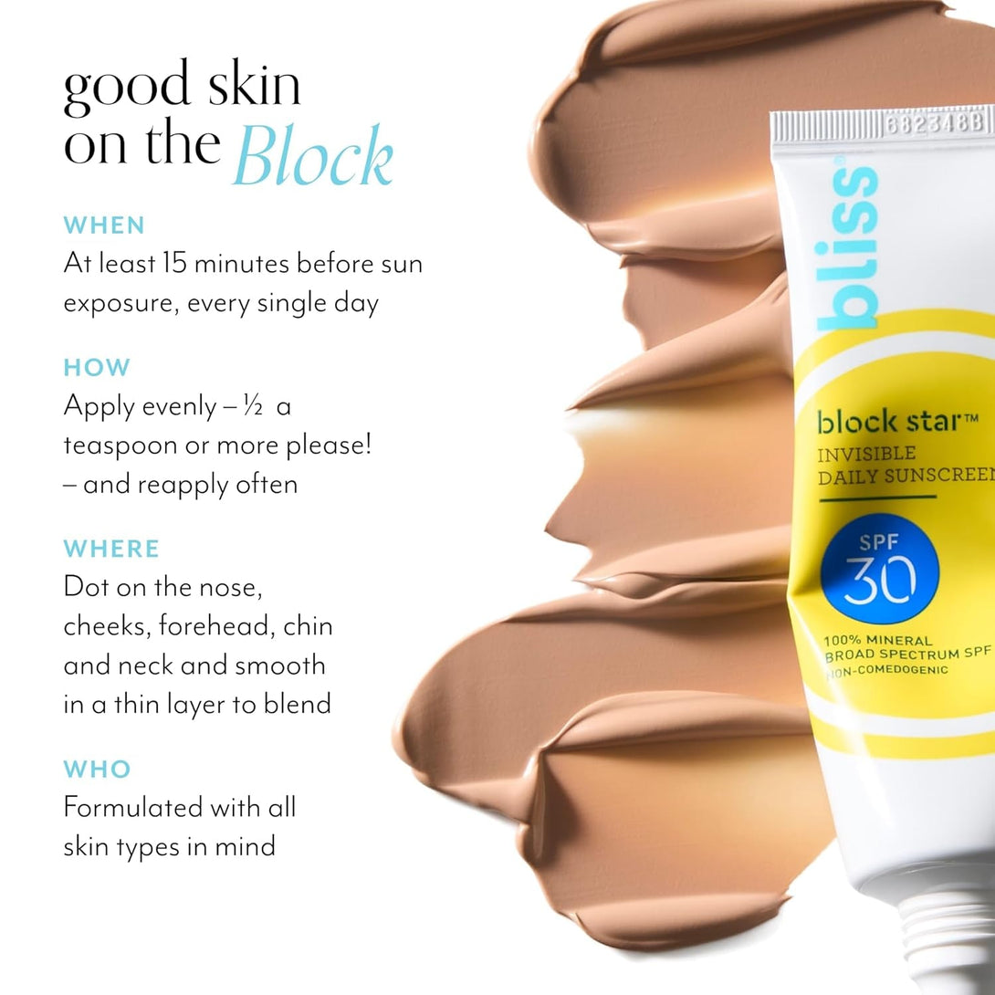 Bliss Block Star SPF 30 Daily Tinted Sunscreen with Zinc Oxide, Sunscreen & Makeup Primer- All Skin Tones - 100% Mineral Broad Spectrum Sunscreen with Titanium Dioxide & Antioxidant Blend,- 1.4 Fl Oz.