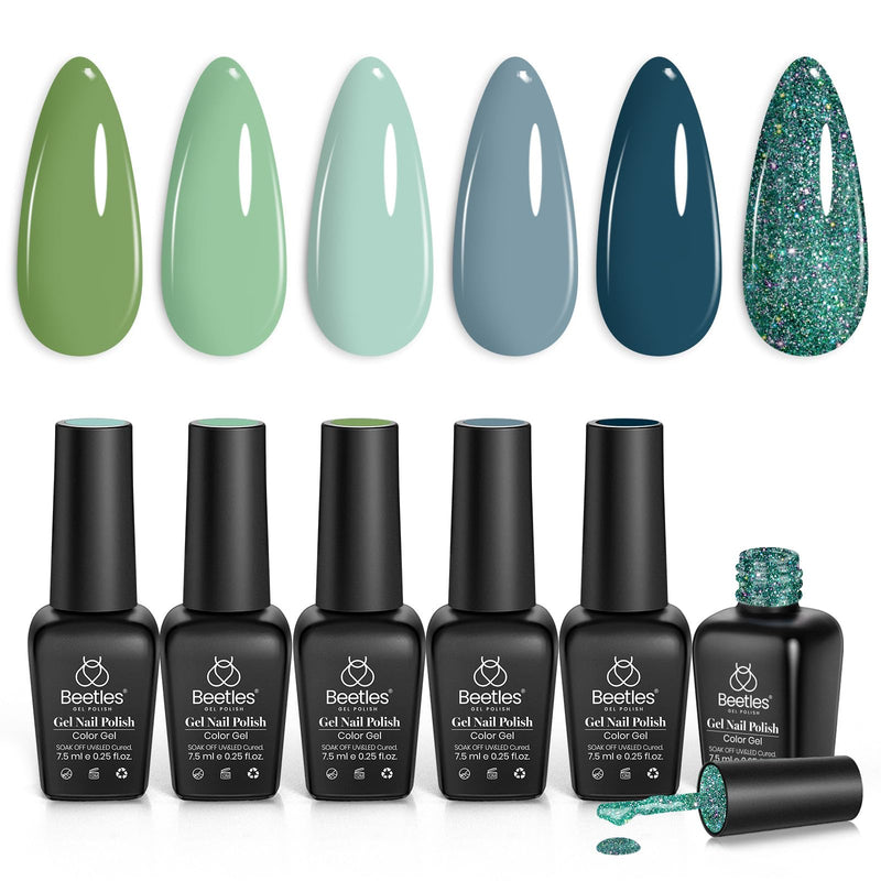 Beetles Spring Gel Nail Polish Set - 6 Colors Green Blue Glitter Gel Nail Polish Gel Soak off Uv Gel Polish Nail Art Manicure Gifts for Women