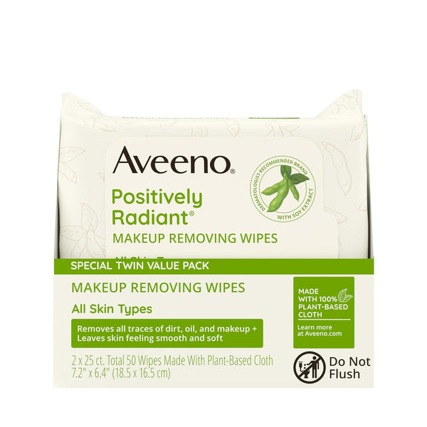 Aveeno Positively Radiant Oil-Free Makeup Removing Face Wipes to Help Even Skin Tone and Texture with Moisture-Rich Soy Extract, Gentle Facial
