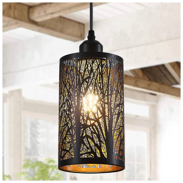 Industrial Black Pendant Light Fixture Vintage Farmhouse Mini Black Gold Pendant Lighting Rustic Hollow-Carved Cylinder Pendant Light for Kitchen