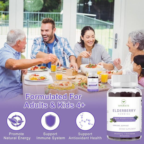 AFXMATE Sambucus Elderberry Gummies, Black Elderberry Gummy with Zinc and Vitamin C for Adults, Sugar Free Kids Multivitamin Gummies Immune