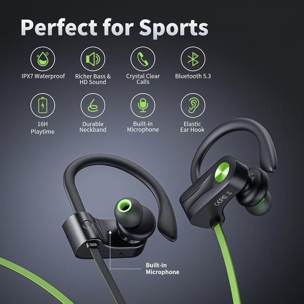 Bluetooth Headphones, Wireless Earbuds IPX7 Waterproof Bluetooth 5.3 Headphones with 16Hrs Playtime Stereo Bass Headsets with Mic Running Headsets