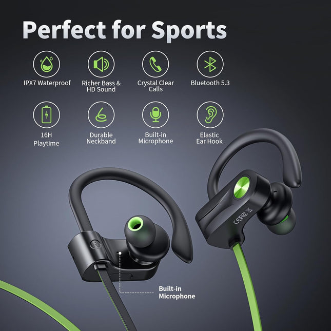 Bluetooth Headphones, Wireless Earbuds IPX7 Waterproof Bluetooth 5.3 Headphones with 16Hrs Playtime Stereo Bass Headsets