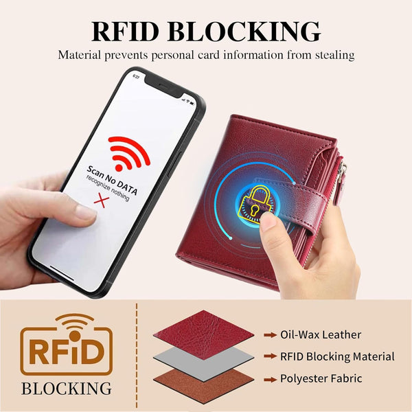 GOIACII RFID Women's Wallet Small Ladies Credit Card Holder Leather with Zipper Pocket 4 ID Windows Wine Wax Red A01 Wax Wine Red