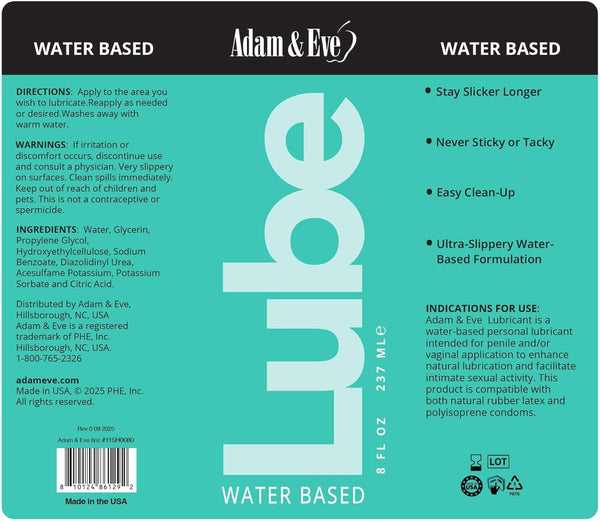 Adam & Eve Premium Water Based Lube - Personal Lubricant for Women, Men, Couples & Toys - Thick, Long Lasting, Non-Sticky, Non-Staining Gel for