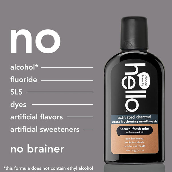 Hello Activated Charcoal Extra Freshening Mouthwash, Natural Fresh Mint and Coconut Oil, Fluoride Free, Alcohol Free, Vegan, SLS Free and Gluten