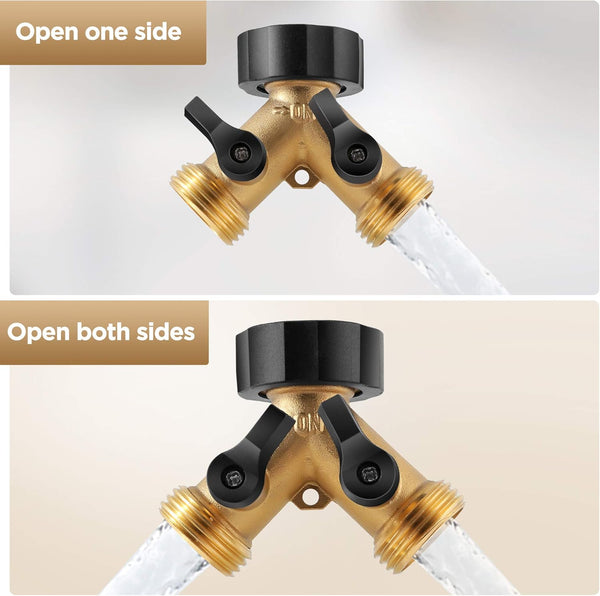 IPOW Solid Brass Body Backyard 2 Way Y Valve Garden Hose Connector Splitter Adapter + Extra 4 Rubber Hose Washers with Comfort Grip, 2 Pack