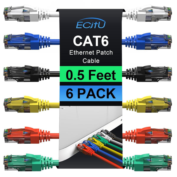 Cat6 Patch Cables 0.5 Foot (6 Pack), Cat 6 Ethernet Cable, 24AWG CCA Cord, UTP Network, Internet Cable, Compatible for PC, Routers, Switches, Servers, Printers, RJ45 LAN with 25 Cable Ties - 0.5FT