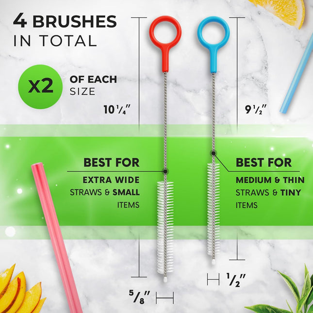 Heavy Duty Cleaning Brushes Set of 4 - Extra Long Straw Cleaners for Metal and Plastic Reusable Drinking Straws, to Clea