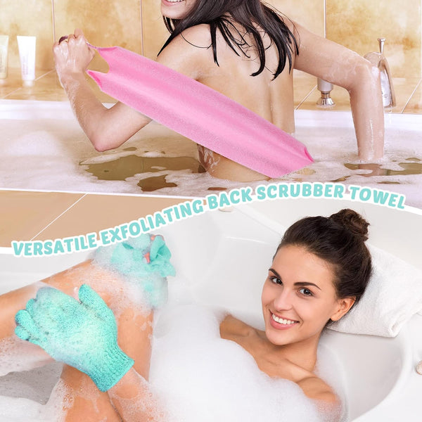 4 Pack Exfoliating Washcloth Back Scrubber Set, 2 Exfoliating Body Scrubber Nylon Back Body Scrub Towel, 2 Pairs Shower Gloves for Women Men Bath