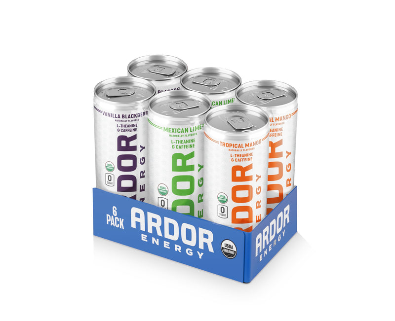 ARDOR ENERGY Sparkling Water 6 Pack Sampler. 100Mg Organic Caffeine from Green Tea & 200Mg Organic L-Theanine (Focus & Calm). No Sugar. No