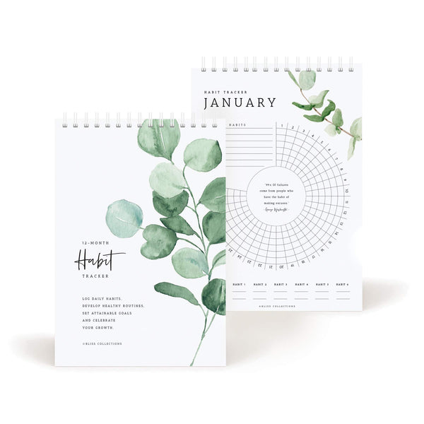 Bliss Collections Habit Tracker Calendar Notepad, Greenery Floral, Gold Spiral Binding, Inspirational and Motivational Monthly Journal to Track