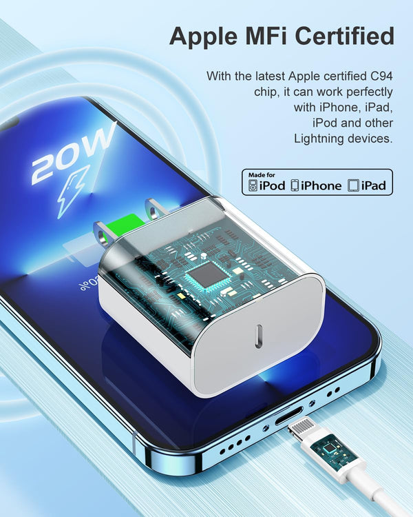 Iphone 14 13 12 Charger Fast Charging, 2 Pack 20W Fast PD USB C Wall Charger Adapter with 3Pack 6Ft USB C to Lightning Cable (Mfi Certified) for