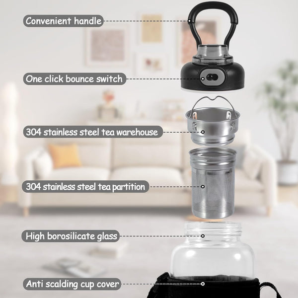 34oz tea bottle with infuser - Large Capacity Glass Water Bottle, With Time Mark, Stainless Steel Tea Strainer,Sleeve, BPA Free,For hot or cold