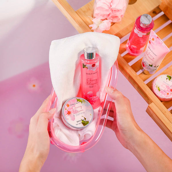Body & Earth Gift Baskets for Women Bath and Body Set for Her, Cherry Blossom & Jasmine Spa Gifts for Women , Birthday, Mother's Day Gifts for