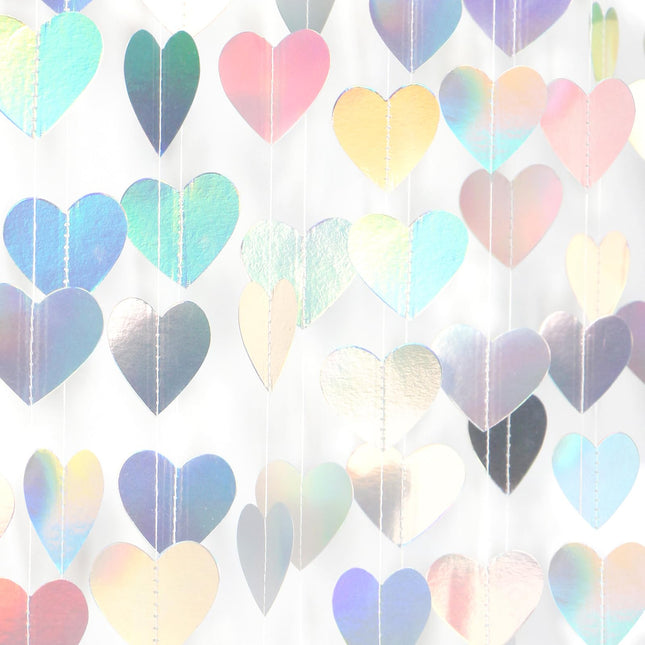 Iridescent Disco-Holographic Heart Garland - 52Ft Wedding Hanging Decoration Neon Streamers Banner, Perfect for Bridal S