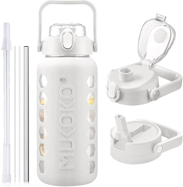 MUKOKO Glass Water Bottles 64Oz with 2 Lids, Half Gallon Drinking Bottle with Straws and Measurements, 2L Sports Drink Jug with Silicone Sleeve,