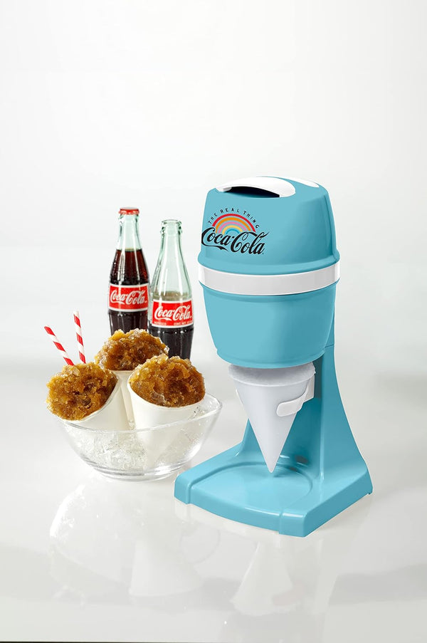 Nostalgia Coca-Cola Snow Cone Shaved Ice Machine - Retro Table-Top Slushie Machine - Includes 1 Reusable Plastic Cup and Ice Mold, Coke Blue