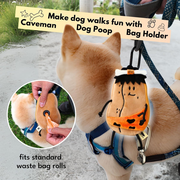 Dog Poop Bag Holder for Leash with Waste Bags and Keychain Clip, Easy Refill, Unscented, Doggy Walking Accessory, 1 Caveman Dispenser and 15 Count