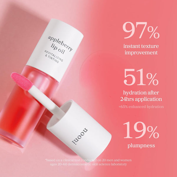 NOONI Korean Vegan Appleseed Lip Oil - Appleberry | Long-Lasting, Moisturizing, Plumping, Revitalizing for Dry Lips, Waterproof, No Peel Off,