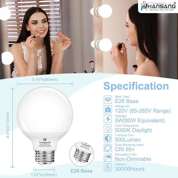 Hansang Vanity Light Bulb 5000K Daylight 8 Pack G25 LED Globe Light Bulb for Bathroom Vanity Mirror Decorative,E26 Medium Base, 5W 60W
