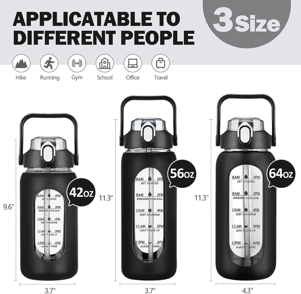 Kytffu 64Oz Glass Water Bottles with Straw, Half Gallon Motivational Glass Bottle with Silicone Sleeve and Time Marker, 2L Leakproof Large Glass