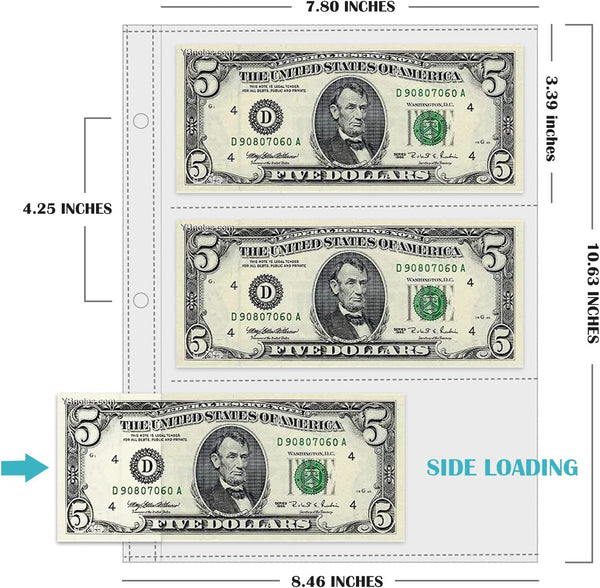 Currency Sleeves,50Pcs Page Protectors for 3 Ring Binder, 3-Pocket Banknote Sleeves, 8.5 X 11, Dollar Bill Holder for Collectors, Paper Sleeves