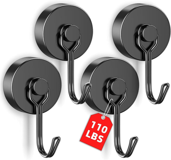VNDUEEY 4 Pack 110LBS Magnetic Hooks Heavy Duty Neodymium Magnet Hooks for Hanging, Magnets with Hooks, Strong Swivel Magnetic Hooks for Fridge