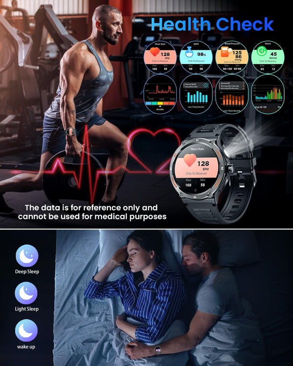Smartwatch Men Fitness Tracker Watch: Smart Watches 1.53" round Touchscreen 3ATM Waterproof LED Flashlight Bluetooth Call Heart Rate Blood