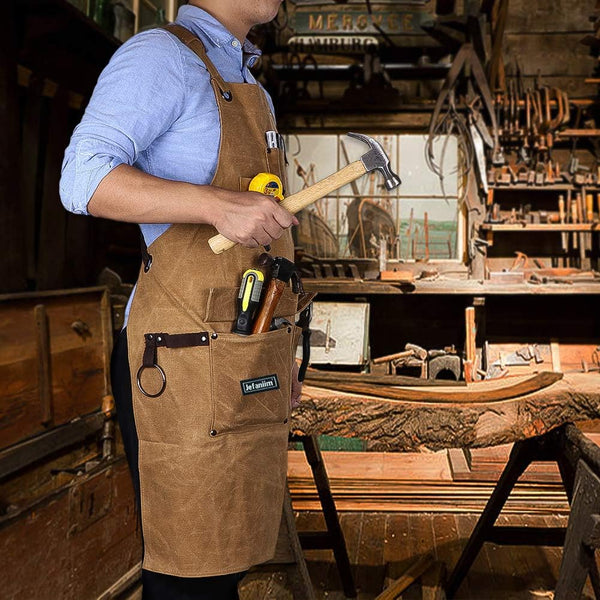 Waxed Canvas Shop Apron for Men & Women.Woodworking Aprons Heavy Duty Work Apron with Pockets. Big Bulk Tool Apron with Adjustable Cross-Back