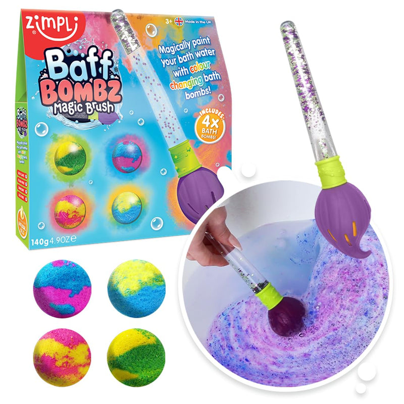 Baff Bombz Magic Brush, 4 x Bath Bombs, Magically Paint Your Bath Water, Creative Bath Toy for Children, Birthday Gifts for Boys & Girls, Pocket