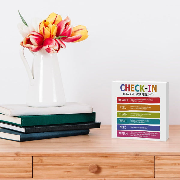 Mental Health Desk Decor Sign Self Care Sign Check in Wooden Block Sign Therapy Office Decor Therapist Office Desk Accessories Table Decorations