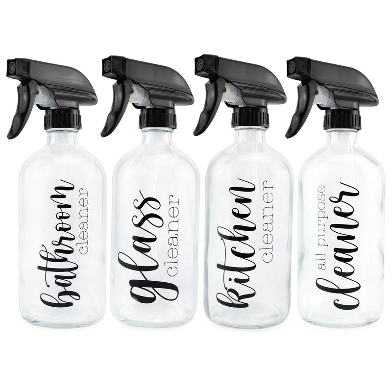 Cornucopia Brands Cleaning Spray Bottles Set, Glass (Set of 4, 16-Ounce); Refillable Trigger Sprayers W/Mist/Stream Settings and Farmhouse Script