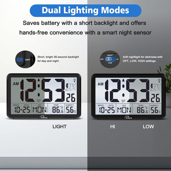 Wallarge Atomic Clock with Indoor Outdoor Temperature, Self-Setting Digital Wall Clock Battery Operated, 4 Time Zones, DST
