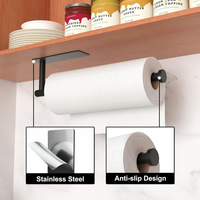 Paper Towel Holder - Self-Adhesive or Drilling, Matte Black Wall Mounted Rack - SUS304 Stainless Steel Kitchen Roll Disp