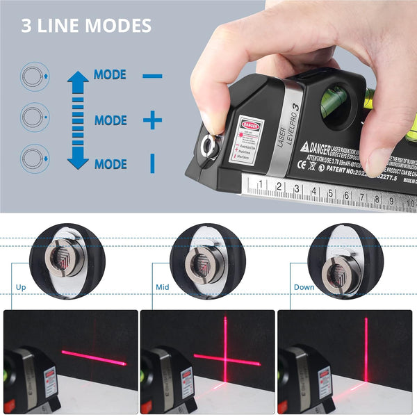 Laser Level Multi Tool, Multipurpose Cross Line Laser Leveler Kit Tools with Metric Rulers 8Ft/2.5M for Hanging Pictures Cabinets Tile Curtains