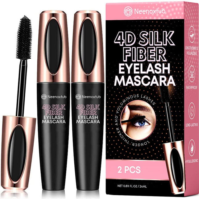 4D Silk Fiber Lash Mascara, Lengthening and Thick, Long Lasting, Waterproof & Smudge-Proof, Hypoallergenic Formula 2 Pac