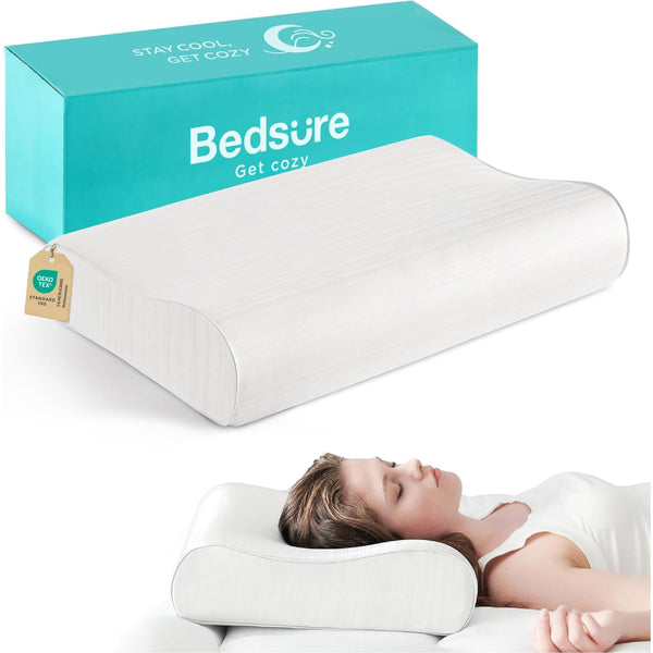 Bedsure Cervical Neck Pillow for Sleeping, Odorless Memory Foam with Cool-Touch Ice Pillowcases, Ergonomic Contour Pain Relief, Dorm Neck Support