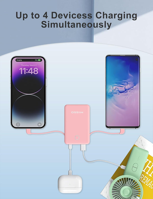 6000Mah Ultra Slim Built in Cables Power Bank, Card Size Built in USB C Cords Battery Pack Portable Charger for Phones, 3 Output External Battery