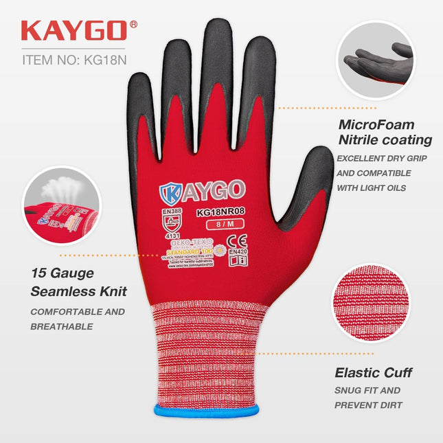KAYGO Safety Work Gloves Microfoam Nitrile Coated-3 Pairs, Kg18Nb,Seamless Knit Nylon Glove with Black Micro-Foam Nitril