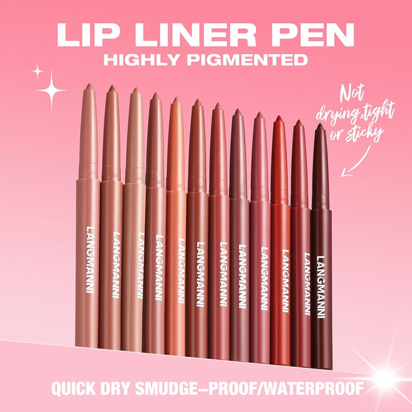 LANGMANNI 12 Colors Sculpting Matte Velvet Lip Liner Set,Smooth Creamy Texture,Waterproof and High Pigmented for Girls Daily Application Lip Makeup