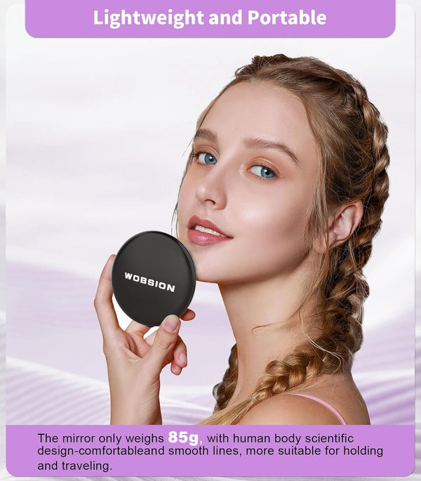 Wobsion Travel Compact Mirror,Portable 1X/10X LED Makeup Mirror with Magnification,Handheld 2-Sided Pocket Mirror, 3.5In Small Mirror for
