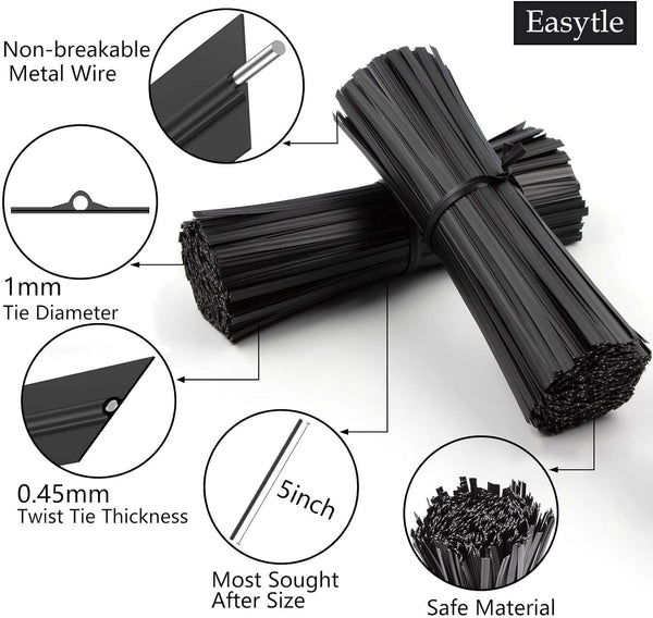 400 Pcs Twist Ties for Bags 5" Cable Ties Bag Twist Ties for Cord Twist Bread Ties Reusable Black Plastic Coated Ties Heavy Duty Bread Ties Twist