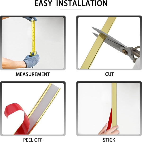 Glossy Gold Peel and Stick PVC Molding Trim, Flexible DIY Wall Accent Strip for Mirror Frame, Cabinet, Edges & Borders and Tiles (394''L X 0.8''W)