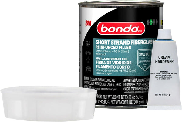 3M Bondo Short Strand Fiberglass Reinforced Filler 21 Oz (595.34 G) with Bondo Cream Hardener 0.5 Oz (14G), Repair Holes up to 0.5 IN, Waterproof