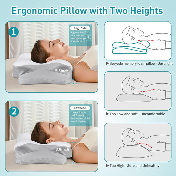 Cervical Neck Pillow for Pain Relief - Ergonomic Side Sleeper Pillow for Neck Support, Cooling Memory Foam Pillows for Sleeping, Contour Pillow