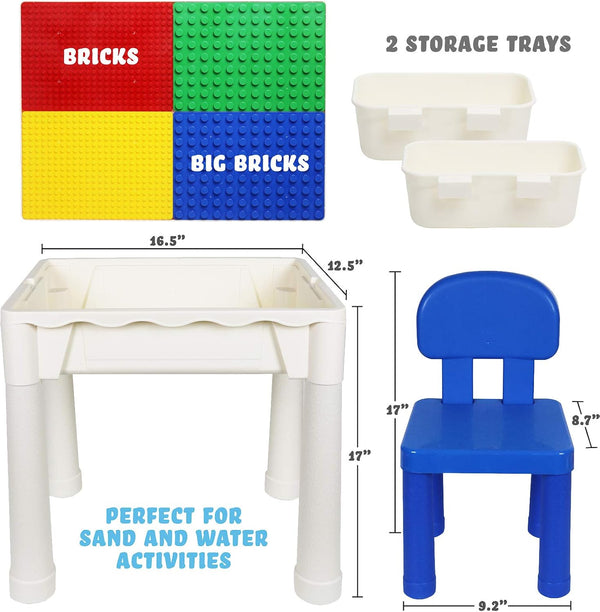 Building Blocks Table for Kids 7 in 1 Activity Table Set for Toddler, with Chair & 2 Hanging Storage Boxes, Compatible with Building Bricks
