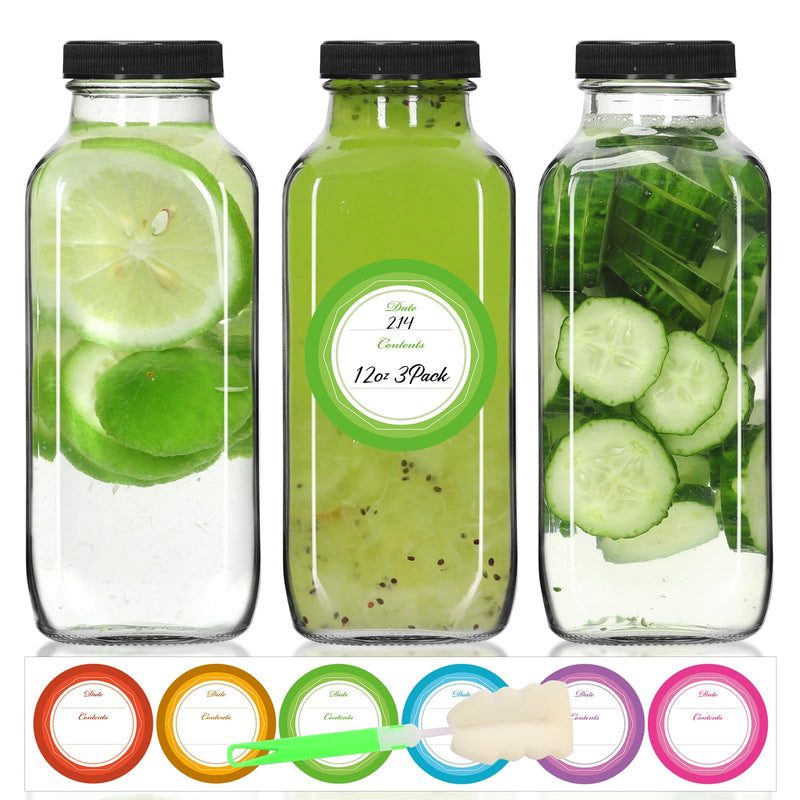 STARSIDE 12 Oz Glass Juice Bottles with Lids,3 Pack Reusable Glass Drink Bottles,360Ml Water Bottles for Milk,Juicing,Kombucha,Ginger,Beverage