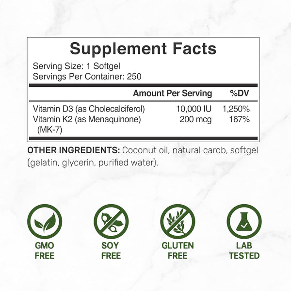 DEAL SUPPLEMENT Vitamin D3 10,000 IU + K2 MK7 200 Mcg, Infused with Virgin Coconut Oil, 250 Softgels, Double Strength Vitamin D & K, Promotes